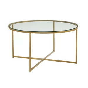 Hotel Yang Populer Di Clear Tempered Atas Kaca Meja Kopi Meja dengan Chrome Bingkai Stainless Steel Cross Desain - Product Image 2