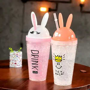 Baru kreatif lucu kelinci plastik sedotan dingin Air mode dinding ganda minuman dingin cangkir jus