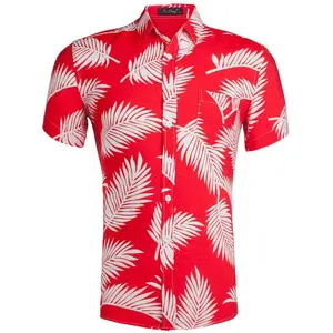 100% katoen rood fancy ontwerp bladeren afdrukken korte mouw goedkope mannen shirt groothandel