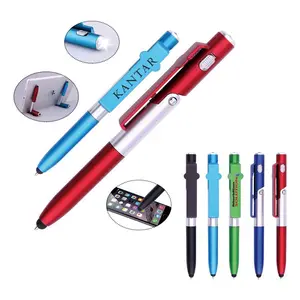 Desain unik menulis dalam gelap dengan Disesuaikan logo 4 in 1 n stylus lampu led pulpen multifungsi