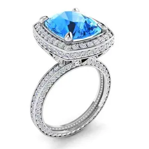 Caoshi Perhiasan Halus Wanita 925 Perak Plating Putri Aquamarine Cincin Kubik Zirkonia Cincin Femme