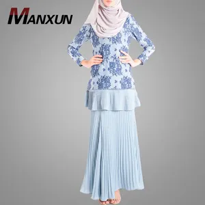 Desain Terbaru Baju Kurung Modern Sifon, Rok Lipit Renda untuk Wanita Muslim, Pakaian Islami Tradisional Malaysia