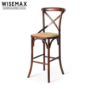 Wholesale antique style cross back oak wood bar stool with rattan seat restaurant wood cross back dining X high bar chair