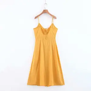 Fashion design backless yellow dress woman polyester summer clothes