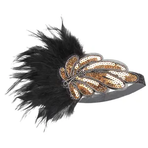 Vintage 1920 s แถบคาดศีรษะ Golden Sequins ยืดหยุ่นสำหรับผู้หญิง 20 s Headpiece Feather