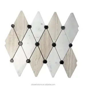 Popular Rhombus Mosaic White Marble And Wooden Vein Marble Floor Tile Interior Wall Background