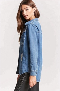 Camicie di <span class=keywords><strong>jeans</strong></span> con colletto Basic a maniche lunghe lavate e abbottonate da <span class=keywords><strong>donna</strong></span> in Denim da <span class=keywords><strong>donna</strong></span> - Product Image 3