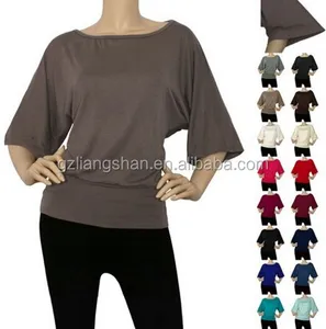 OEM Wholesale Women Dolman BoatNeck Half Wide Sleeve Batwing Slouchy Top Loose Draped Blouse T- Shirts