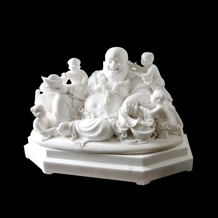 الشرقية الرخام الأبيض الداخلي يضحك بوذا مع تمثال للأطفال