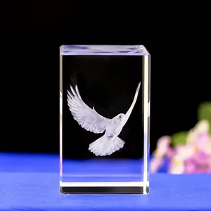 Fashion 3D laser crystal paper weight 3D laser peace birds crystal cube 3D inter-carven crystal block