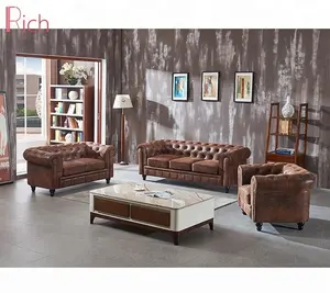 Living Room Furniture Vintage PU Button Tufted Sofa Set Retro American Brown Faux Leather Couch Chesterfield Sofa Set