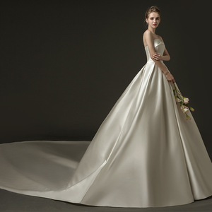 Đơn Giản Trắng Satin Bridal Gowns Bóng Gown Dài Train <span class=keywords><strong>Wedding</strong></span> Dress - Product Image 3