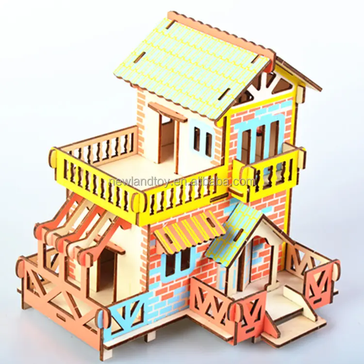 Pabrikan mainan Cina mainan Model Puzzle rumah kuning kayu 3D buatan tangan kayu untuk anak-anak