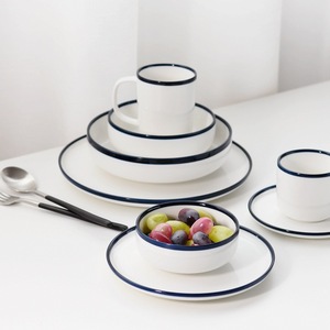 Nordic Porcelain <strong>Dinner</strong> <strong>Sets</strong> White Ceramic Dinnerware <strong>Set</strong> with <strong>Blue</strong> Rim - Product Image 2