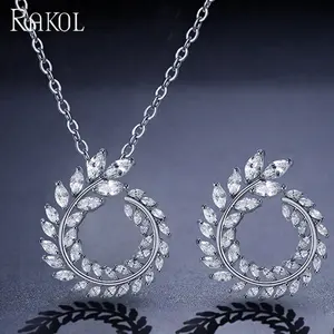 RAKOL SP260 Simple Wheat Zircon Leaf Circle Earrings Pendant Chain Necklace Jewelry Set necklace circle pendant