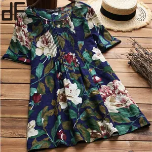 Bán Buôn Cộng Với Kích Thước Phong Cách Mới Thời Trang Phụ Nữ Mặc Cổ Tròn Ngắn Tay Áo Floral Printed Mùa Hè Cotton Linen Áo Cánh Cho Phụ Nữ