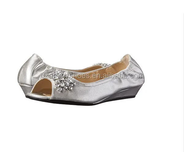 Latest fashion silver woman low heel ladies shoes wedge women dress shoes with rhinestone