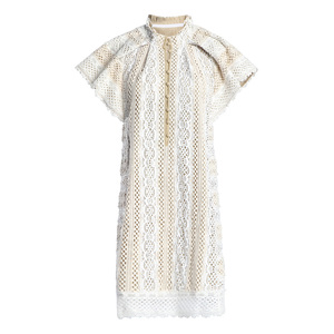 Custom Stand Collar Heavy Workmanship White and Creamy Cloth <strong>Button</strong> <strong>Down</strong> Ladies Cap Sleeves Loose Fit Cozy Crochet Dress