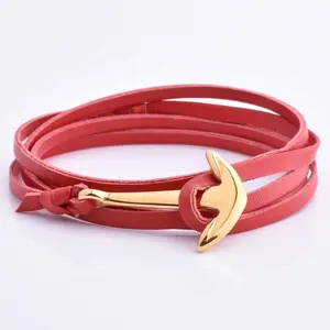 High Quality Vintage 18K Gold Anchor Bracelet Charms Red Leather Bracelet