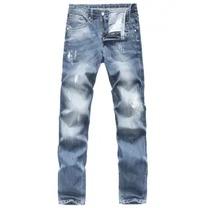 Mannen Denim Stretch Jean Met Ripped Slim Fit Broek Ontwerp Man Blauw Jean