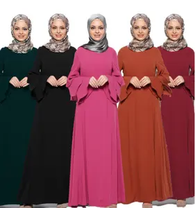 Very fancy elegant long sleeve floral South Korea hemp maxi dresses 2018 fashion muslim kaftan abaya dubai islamic clothing