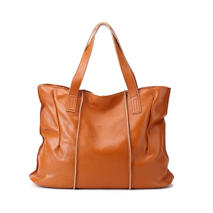 Soft Large Genuine Full Grain Leather Women Shoulder Bag Stock Cowhide Leather Tote bag for shopping