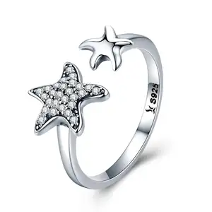 BAGREER SCR376 Sparkle cz diamond Silver Custom opening Ring Starfish Shaped Pendant Finger Rings for Women girls jewelry