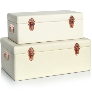 <strong>Vintage</strong> Set of 2 Stitched Leather Storage <strong>Trunk</strong> with Rose-gold Accessories - Product Image 1
