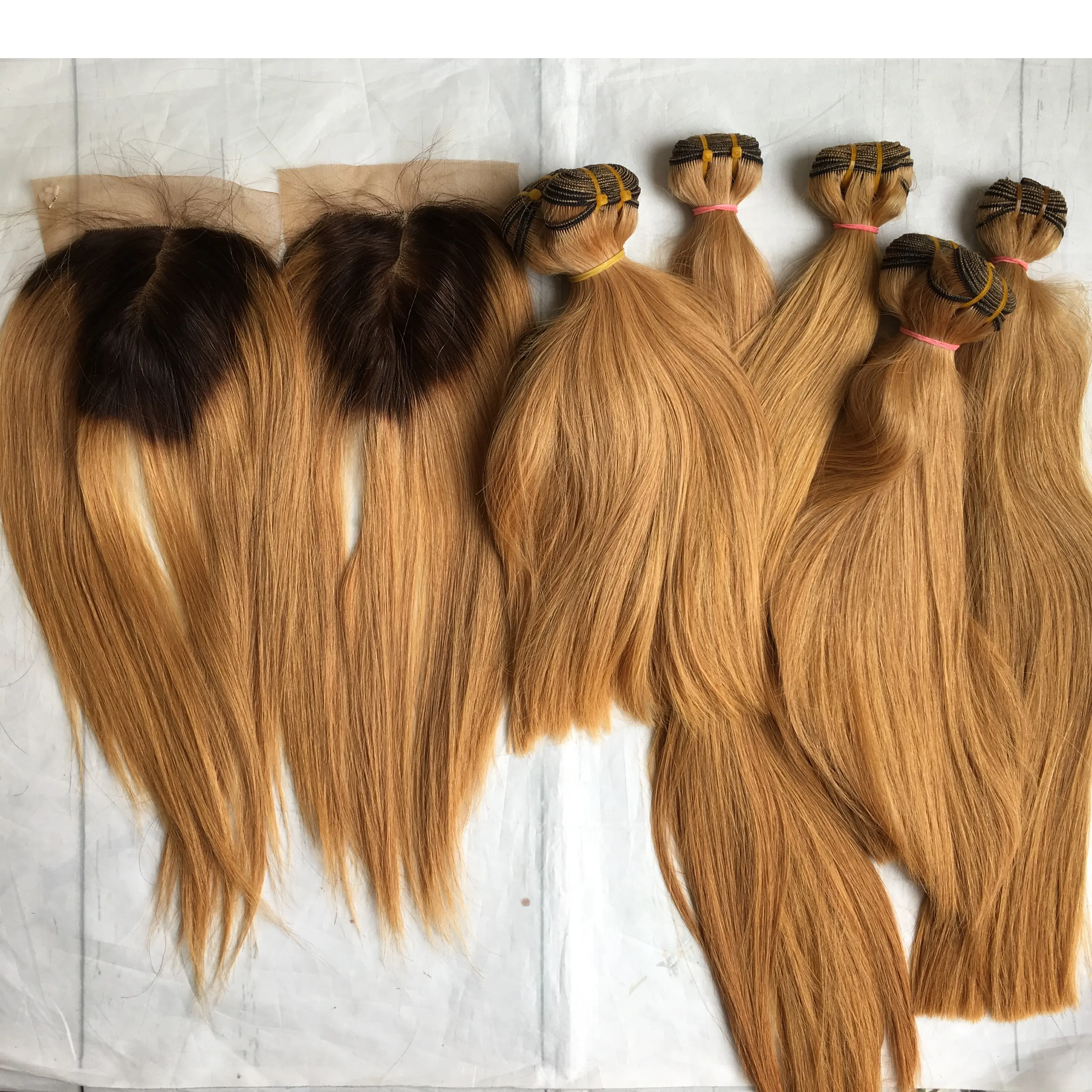 Ombre Brown Chocolate Blonde Natural Straight Remy Human Hair Weaving Bundle With Closures Full To End Vietnam Hair