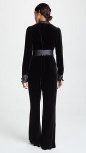 Tuta da donna con scollo a V a manica lunga <span class=keywords><strong>in</strong></span> <span class=keywords><strong>velluto</strong></span> nero con fasciatura <span class=keywords><strong>in</strong></span> raso tuta elegante da donna - Product Image 3