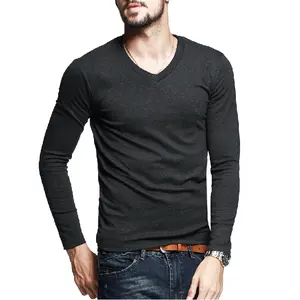 Long sleeves mens v neck combed cotton t shirt asia garment manufacturers