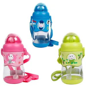 Pinkah high quality children school outdoors 420ml soft straw bpa free plastic water bottle kids with shoulder strap