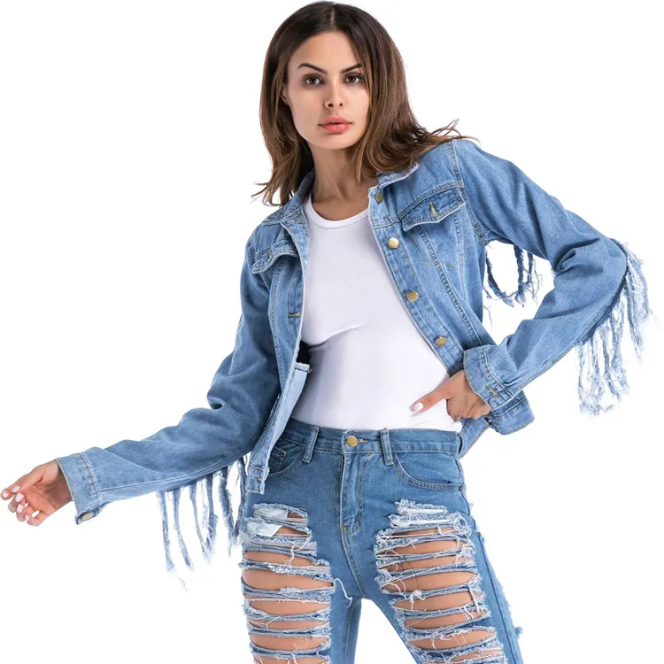 High Quality Denim Jacket卸売ファッション無地ユーズド加工ジーンズジャケットWith Patches For Women