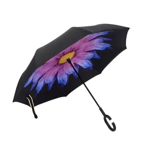 Groothandel Op Maat Gemaakte Winddichte En Waterdichte Draagbare C-Vorm Handvat Auto Omgekeerde Paraplu Voor 8 Ribben