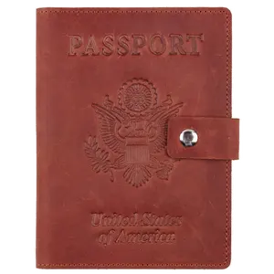 Passport Cover with Lock Button Crazy Horse  Cheap Leather Passport Holder  Custom travel leather passport