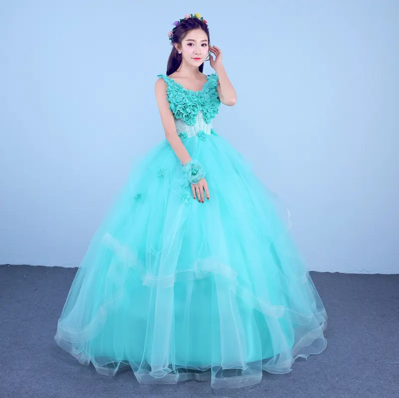 Sexy Lake Blue V neck Audition Performance Solo Ball Gown Wedding Banquet Host Dress For Women