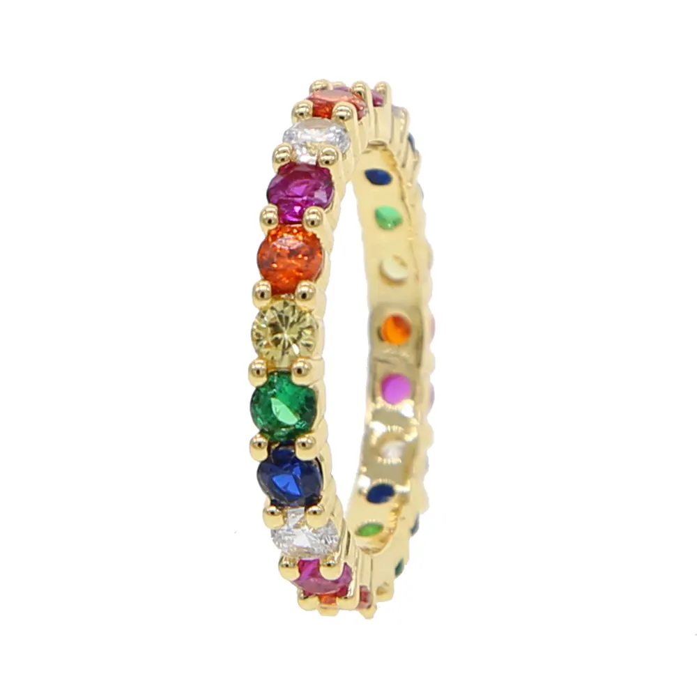 round cz eternity band gold plated rainbow cz colorful cubic zirconia engagement band fashion trendy ring for lady