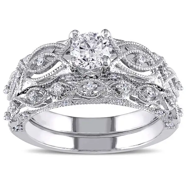 Pes Mode-sieraden! White Gold Diamond Vintage Filigraan Bridal Ring Set