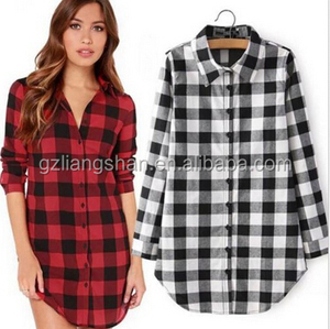 OEM All'ingrosso di Modo Delle Donne Button Down Dolcevita Plaid di Flanella A Maniche Lunghe Camicetta Casual Camicia Tunica Dress - Product Image 1