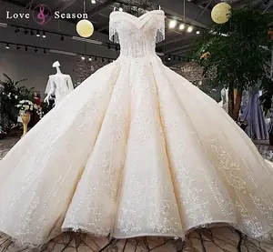 Jancember LS65392 suzhou avorio dell'innamorato del merletto del tessuto di lusso in rilievo di cristallo off spalla abito da sposa