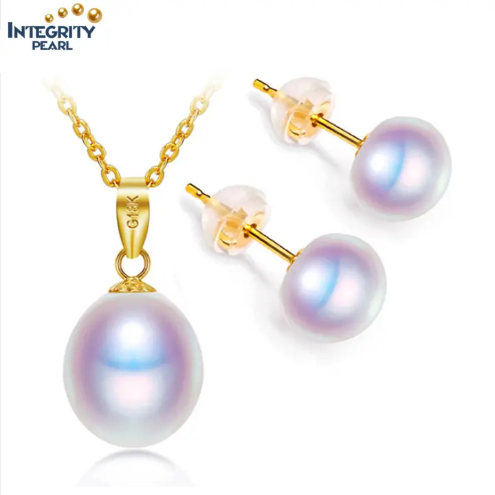 18K karat yellow gold pure real genuine freshwater natural earring and necklace jewellery jewelry real fresh water pearl set