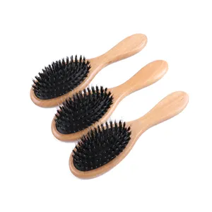 Customized Logo Hair Extension Brush Varnish Dark Brown Color Wooden boar bristle hair brush for Hair Extension