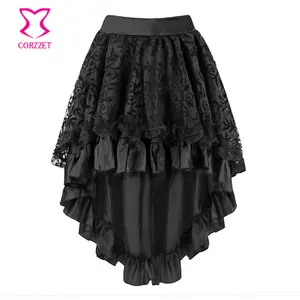 Corzzet Skirts Black/Green/Brown Retro Satin Lace Steampunk Skirt Sexy Ruffle Gothic Vintage Back Zipper Closure