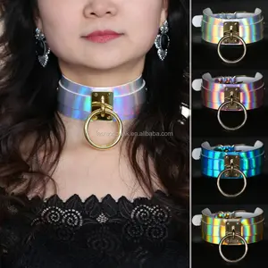 Kalung Liontin Cincin Laser Kulit PU untuk Klub Malam, Kalung Choker Kulit PU Berlebihan