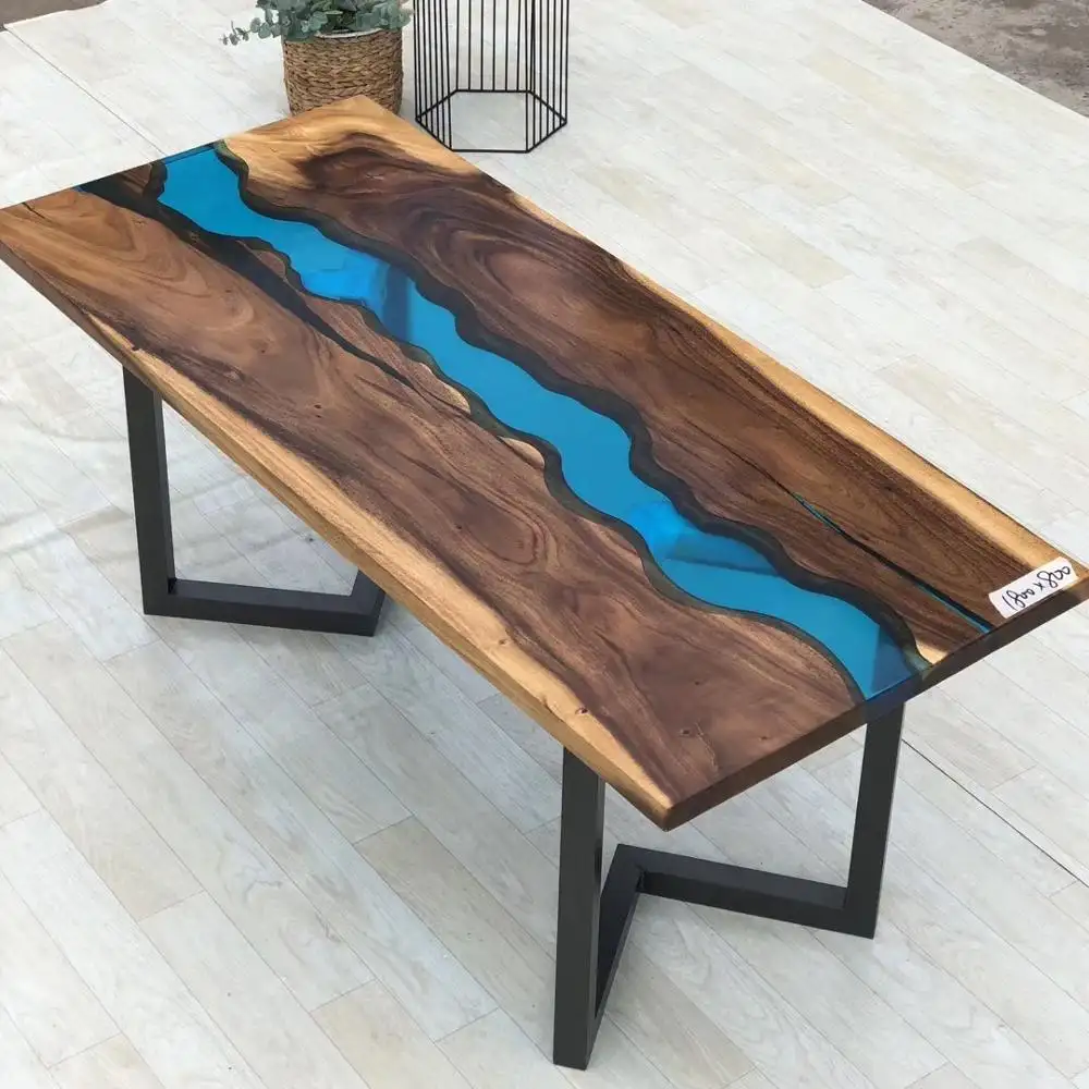 الجوز الراقية تصميم خاص لوح خشبي المياه الزرقاء طاولة قهوة إكليريك أعلى