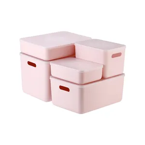 SHIMOYAMA Pink Plastic Storage Box Stackable Sundries Organizer Adding Lid Small Size With A Handle