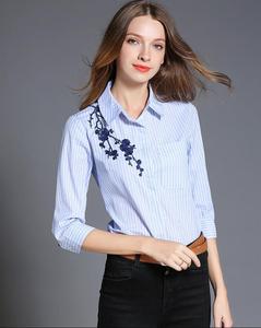 <span class=keywords><strong>Chemise</strong></span> rayée élégante de haute qualité à manches longues avec broderie et poche plaquée pour <span class=keywords><strong>femme</strong></span> - Product Image 4
