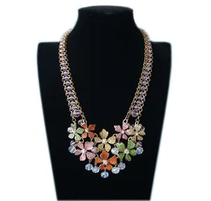 New Floral Design Golden Crystal Stones Encrusted Necklace Sweater Decor Chain(Z01005d)