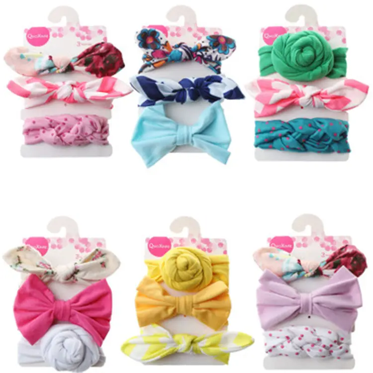 2019 New Fashion Hot Selling Headwear 3pcs Set Bow Hair Accessories Turban Baby Headband Knitted Hat