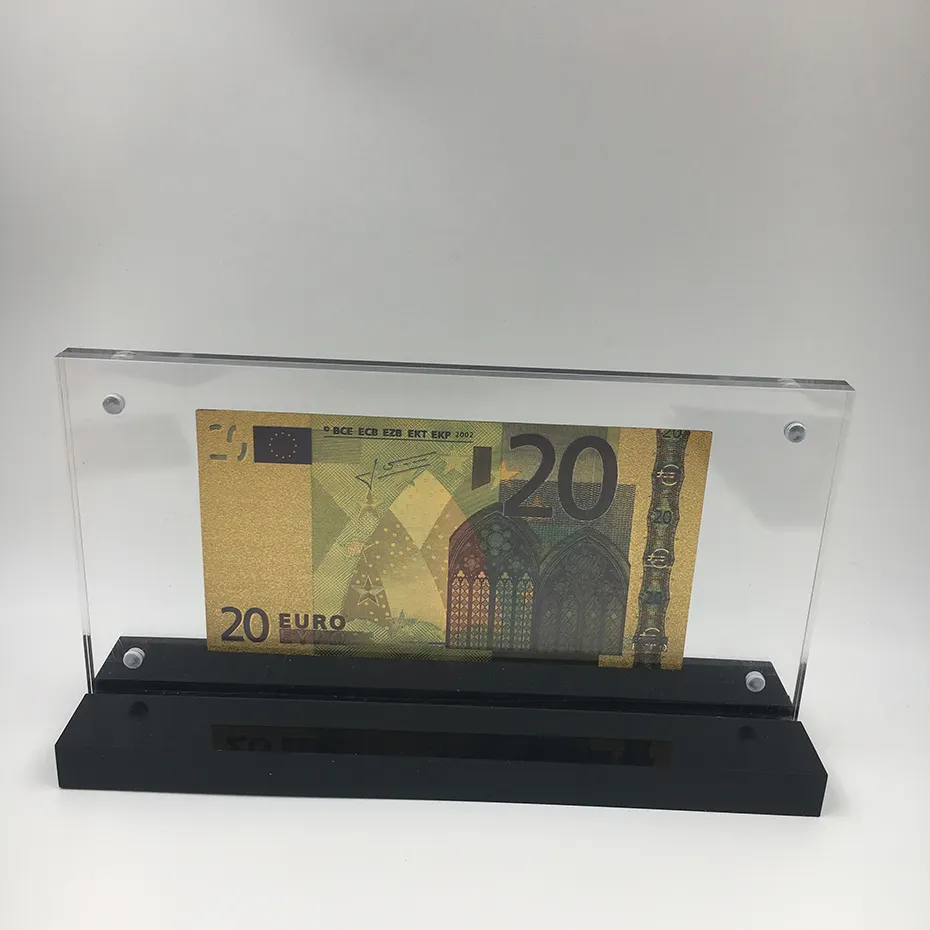 Billete de 20 euros de plástico dorado con pan de oro 999 para decoración de oficina con bonito soporte de Marco Acrílico